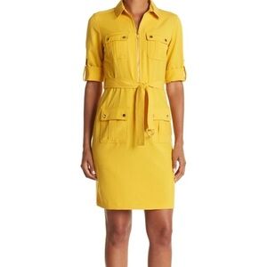 Sharagano Golden Yellow Short Sleeve Belted Dress Size 6 Petite